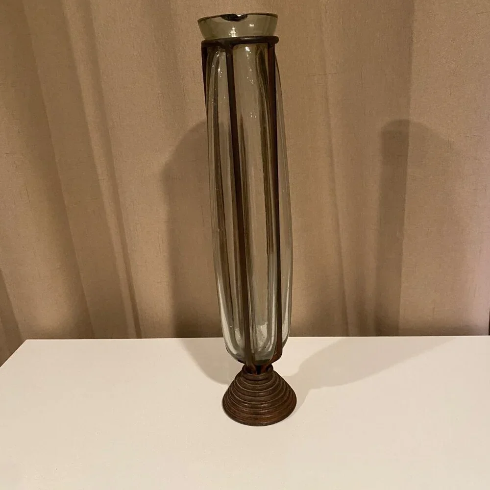 Rare Vintage Blown Glass Vase‎ in Wrought Iron Frame 17” Mid-Century Brutalist